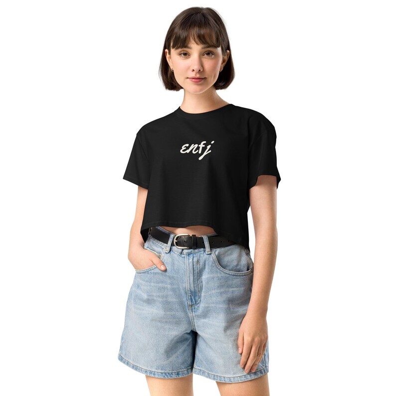 ENFJ Crop Top Black, Cursive Personality Type Cropped Tee, MBTI Gift for Her, Minimalist Womens Crop Top