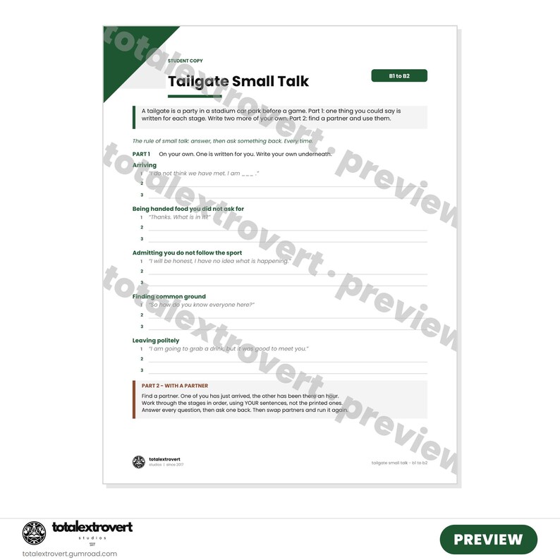 May include: A white educational worksheet titled Tailgate Small Talk with a dark green header. The page includes instructions for small talk exercises, categorized by social situations like arriving, being handed food, and leaving politely.