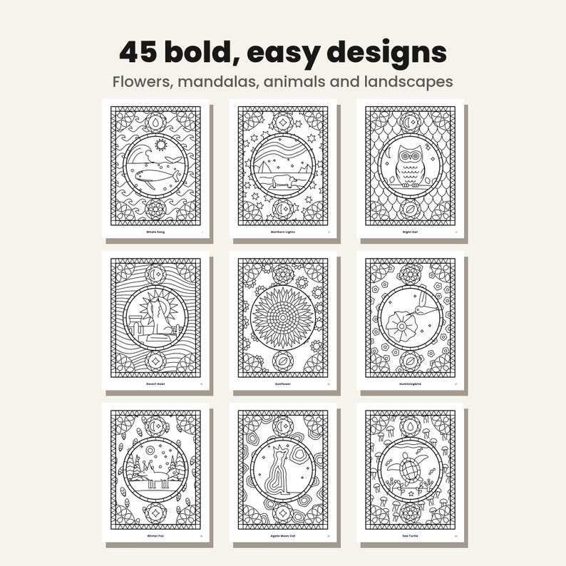 Printable Coloring Pages for Adults, 45 Bold and Easy Nature Designs, Large Print Mandala, Animal and Flower Coloring PDF, Instant Download image 2
