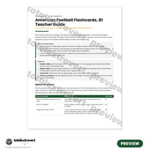 May include: A teacher guide document titled American Football Flashcards, B1 Teacher Guide. The page includes instructions on how the cards work, printing guidelines, and a table listing activities, cards, and pack pages for B1 intermediate students.