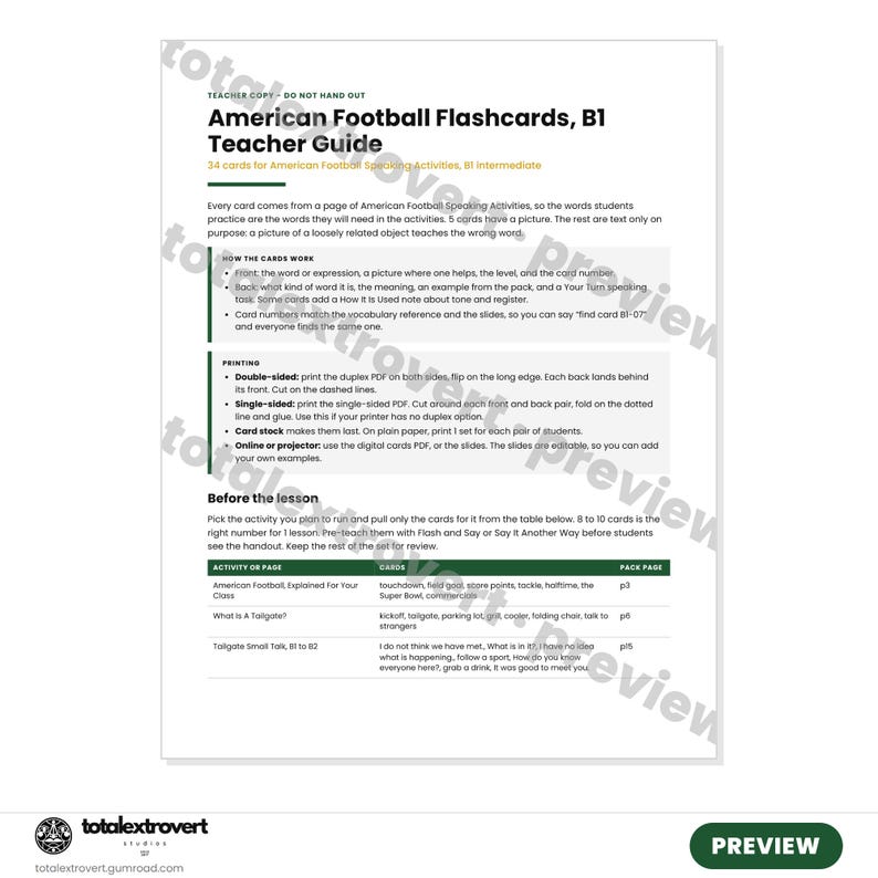 May include: A teacher guide document titled American Football Flashcards, B1 Teacher Guide. The page includes instructions on how the cards work, printing guidelines, and a table listing activities, cards, and pack pages for B1 intermediate students.