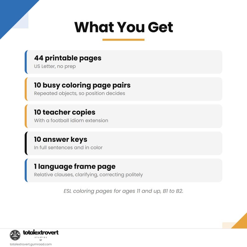 Puede incluir: Un documento digital titulado What You Get que enumera 44 p&aacute;ginas imprimibles en tama&ntilde;o US Letter, 10 pares de p&aacute;ginas para colorear, 10 copias para profesores con extensiones de modismos de f&uacute;tbol, 10 claves de respuestas en color y 1 p&aacute;gina de marco.