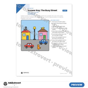 Puede incluir: Una hoja de respuestas para el profesor titulada Answer Key: The Busy Street con una ilustraci&oacute;n colorida de dos casas, una farola, dos coches, dos gatos y un p&aacute;jaro. El texto incluye una lista de diez frases que describen los elementos.