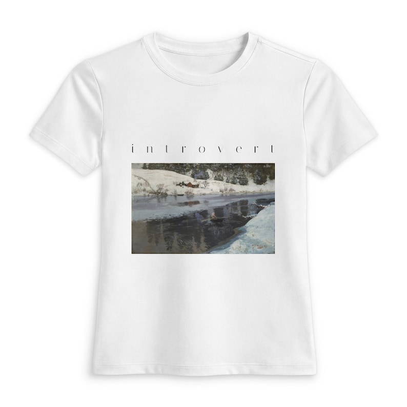 Introvert Shirt, Vintage Winter River Oil Painting Tee, Fitted Womens T-Shirt, Cottagecore Quiet Aesthetic Art Gift For Her