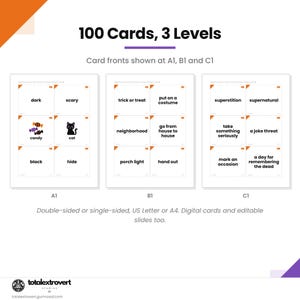 May include: A set of 100 educational cards organized into three levels labeled A1, B1, and C1. The cards feature black text on white backgrounds with orange corner accents. Level A1 includes simple words and icons like candy and a cat.