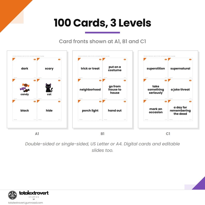 May include: A set of 100 educational cards organized into three levels labeled A1, B1, and C1. The cards feature black text on white backgrounds with orange corner accents. Level A1 includes simple words and icons like candy and a cat.