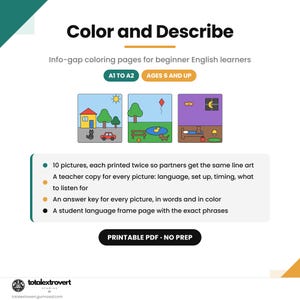 ESL Coloring Pages Color and Describe A1 Beginner English Ages 6+ Printable No Prep image 1