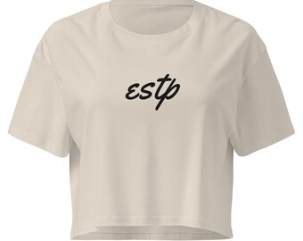ESTP Crop Top Weiß, Crop-Top mit Schreibschrift-Schriftzug zum Persönlichkeitstyp, MBTI-Geschenk für Sie, minimalistisches Damen-Crop-Top