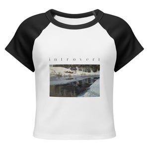 Introvert Baby Tee, Vintage Winter River Oil Painting Raglan Crop Top, Cottagecore Ribbed Womens Art Shirt