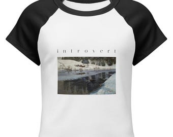Introvert Baby Tee, Vintage Winter River Oil Painting Raglan Crop Top, Cottagecore Ribbed Womens Art Shirt
