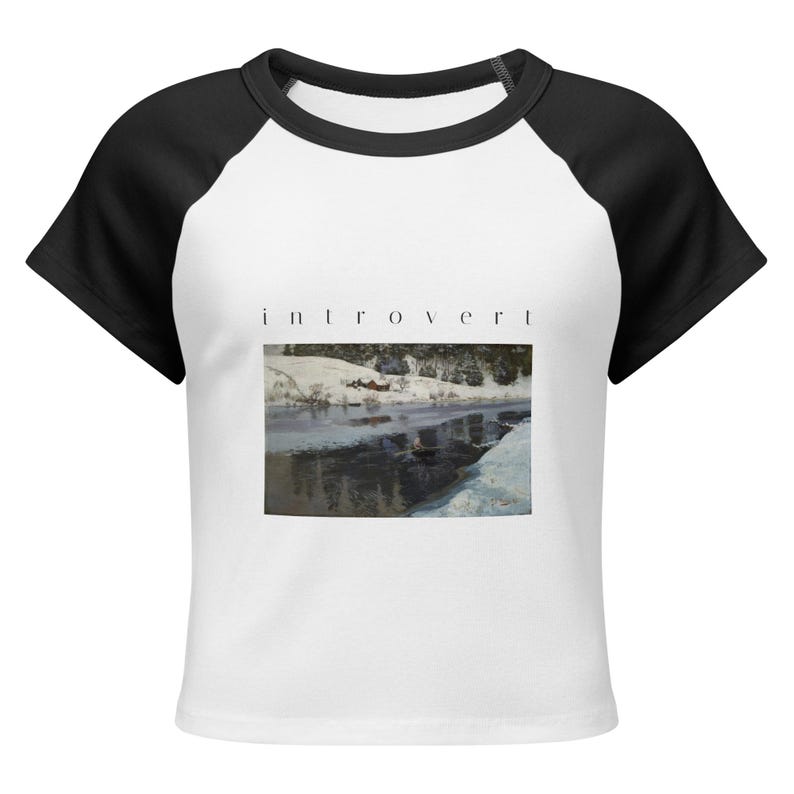 Introvert Baby Tee, Vintage Winter River Oil Painting Raglan Crop Top, Cottagecore Ribbed Womens Art Shirt