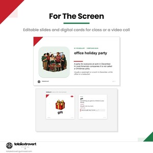 May include: Digital educational slides and cards titled For The Screen, featuring vocabulary lessons like office holiday party and gift. The slides include illustrations of people at a party and a red gift box with a gold ribbon, plus text definitions.