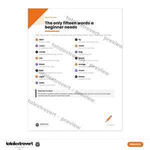 May include: A white educational document titled The only fifteen words a beginner needs, featuring a numbered list of fifteen vocabulary words with definitions, an orange corner accent, and a small pencil icon at the bottom right corner.