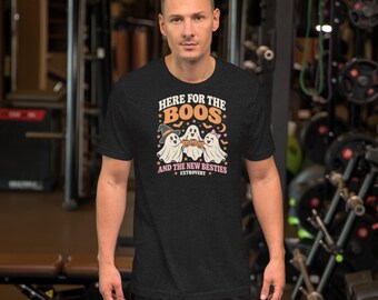 Here for the Boos and the New Besties Shirt, Funny Halloween Extrovert T-Shirt, Spooky Season Graphic Tee, Unisex Soft Cotton Tee