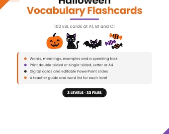 Halloween-Vokabelkarten für Englischlernende | Halloween-Vokabelkarten A1, B1, C1 | Druckbare und digitale Vokabelkarten
