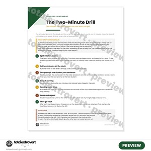 May include: A white instructional document titled The Two-Minute Drill with a dark green corner accent. It outlines a classroom game with seven numbered steps, including rules for teams, timing, and scoring, plus a section labeled Watch For.