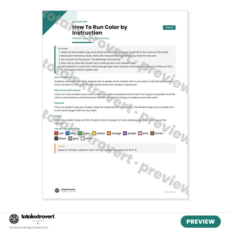 May include: A white instructional document titled How To Run Color by Instruction, featuring teal accents. It includes sections on steps, methodology, printing, online use, and a color key with red, blue, green, yellow, orange, purple, pink, brown, black, grey, and white.