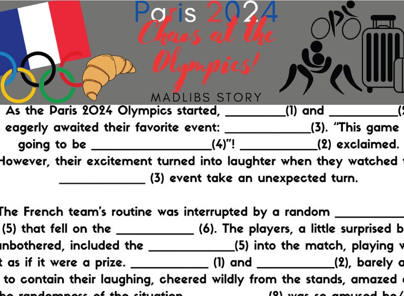 Corporate Team Building Paris 2024 Olympics Mad Libs Activity Printable ...