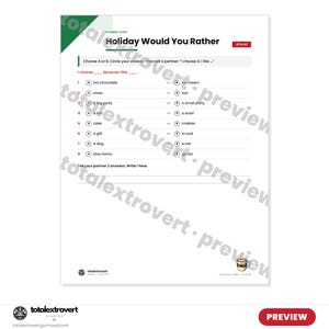 May include: A white educational worksheet titled Holiday Would You Rather with a green corner accent. It features eight numbered questions with A and B choices like hot chocolate or ice cream, snow or sun, and a space to write partner answers.