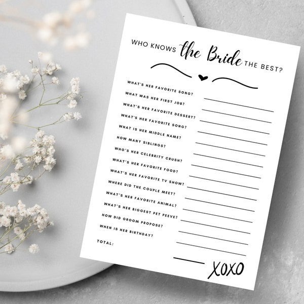 Minimalist Who Knows The Bride Best | Modern Bridal Shower Game Printable | How Well Do You Know The Bride Trivia | Editable Canva Template