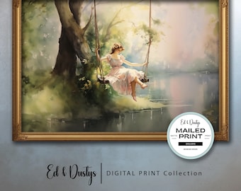May include: A watercolor painting of a woman sitting on a swing over a lake. The woman is wearing a white dress with pink flowers. The trees are green and the water is blue. The painting is framed in a gold frame.