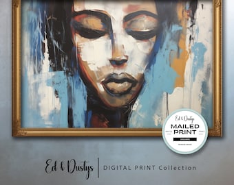 Modern African Oil Painting, African American Woman, Neutral Wall Art, Black History, Abstract Blue Painting, Home Decor, Black Portrait