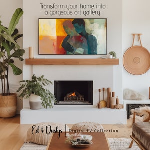 May include: A living room interior with a white fireplace and a modern TV displaying an abstract painting of two figures in shades of red, yellow, and blue. The text "Ed & Dustys Digital TV Collection" is visible below the TV.