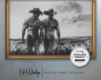Gay Cowboy Love, Abstract LGBTQ Art, Lgbtq Portrait Sketch, Neutral Pride Charcoal, Male Figure Sketch, Home Decor, Pride Month Wall Art