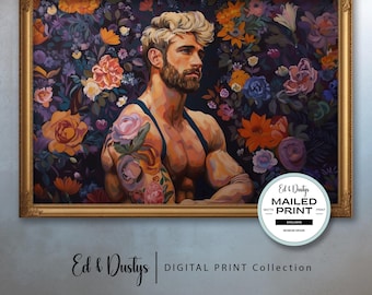 May include: A painting of a man with a beard and blond hair, wearing a black tank top and a floral tattoo on his arm. He is surrounded by a colorful floral background. The painting is framed in gold.
