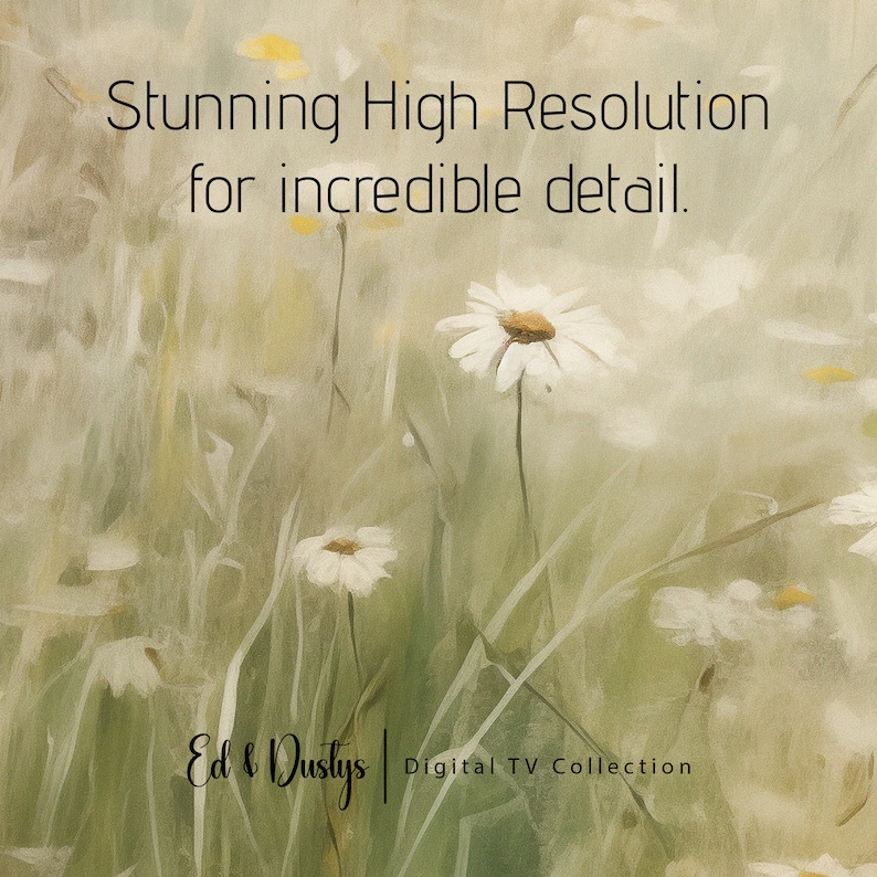 May include: A digital painting of a field of white daisies with a soft, green background. The text "Stunning High Resolution for incredible detail." is at the top of the image. The text "Ed & Dustys Digital TV Collection" is at the bottom of the image.