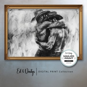 Gay Cowboy Love, Abstract LGBTQ Art, Modern, Lgbtq Portrait Sketch, Neutral Pride Charcoal, Male Figure Sketch, Home Decor, Pride Month Art