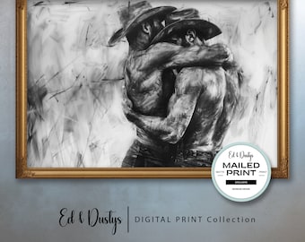Gay Cowboy Love, Abstract LGBTQ Art, Modern, Lgbtq Portrait Sketch, Neutral Pride Charcoal, Male Figure Sketch, Home Decor, Pride Month Art