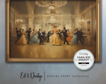 Victorian Oil Painting, Ballroom Print, Antique Wall Art, Vintage Print, Heirloom Painting, Ballroom Dance Painting, Dancing Couple,Wall Art