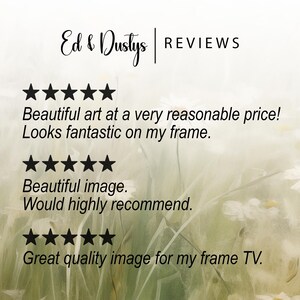 Op de afbeelding: Afbeelding met klantbeoordelingen voor Ed & Dustys. De tekst bevat zinnen als "Beautiful art at a very reasonable price!" en "Great quality image for my frame TV." Sterrenbeoordelingen begeleiden de beoordelingen. De achtergrond heeft een zacht, wazig bloemenpatroon.