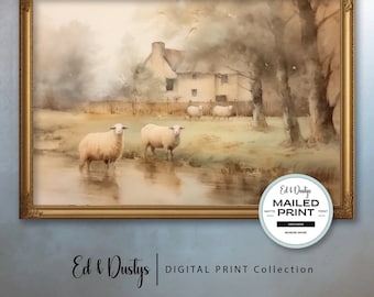 Victoriaans olieverfschilderij, boerderijtuin, landmuurkunst, boerderijdecorprint, countrykunst, schapenlam, Moederdagcadeau, woondecoratie boerderij