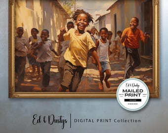 Vintage African Oil Painting, African American Children, Neutral Wall Art, Black History, Kids Playing, Home Decor, African Kids Art