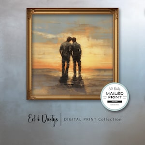 Gay Men Art Print,  LGBTQ Romantic Art, Two Men Square Print, Victorian Art Style, Wall Decor, Gay Sunset Art, Wall Art, Home Decor