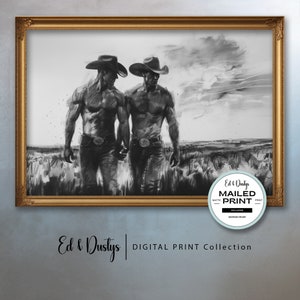Gay Cowboy Love, Abstract LGBTQ Art, Lgbtq Portrait Sketch, Neutral Pride Charcoal, Male Figure Sketch, Home Decor, Pride Month Wall Art