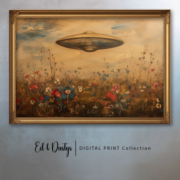 Victorian UFO Oil Painting | Field of Flowers Print | Country Spaceship Art Digital PRINTABLE | Retro Science Fiction | UFO Flowers Country