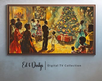 May include: A framed painting depicts a family gathered around a decorated Christmas tree. The artwork features figures in festive attire, with a young girl in the foreground. The painting has a warm color palette and is part of the "Digital TV Collection" by Ed & Dustys.