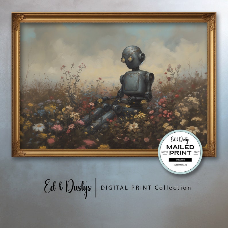 May include: A framed painting of a robot sitting in a field of flowers. The robot is made of metal and has a blue and gray color scheme. The flowers are a variety of colors, including pink, yellow, and purple. The painting is set against a cloudy sky.