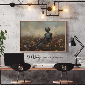 May include: A digital painting of a robot sitting in a field of flowers. The robot is blue and gray and has a round head with a single eye. The flowers are a variety of colors, including pink, purple, yellow, and white. The background is a soft, hazy blue.