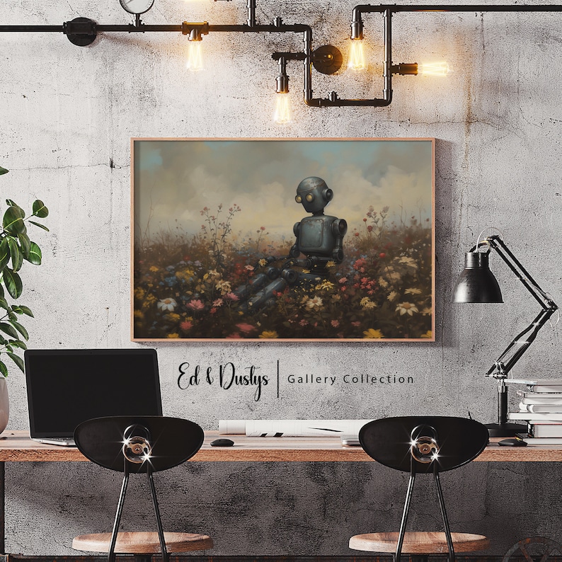 May include: A digital painting of a robot sitting in a field of flowers. The robot is blue and gray and has a round head with a single eye. The flowers are a variety of colors, including pink, purple, yellow, and white. The background is a soft, hazy blue.