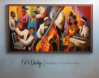 May include: A colorful painting of a jazz band playing music. The band includes a double bass player, a pianist, a drummer, and a singer. The painting is in a vibrant style with bold colors and geometric shapes. Ed & Dustys | Digital TV Collection is written at the bottom of the painting.