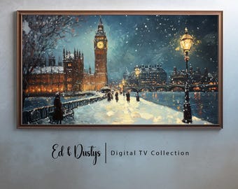Samsung Christmas Frame TV Art, Vintage Holiday Oil Painting, England Art, Christmas London City Painting, Samsung Frame TV Download