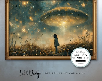 Print and Ship Vintage UFO Oil Painting, Flowers, Country Alien Art, Science Fiction, Space Ship, Flying Saucer, Wall Art, Home decor, P3