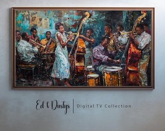 May include: A painting of a jazz band playing in a dimly lit room. The band consists of a trumpet player, a saxophone player, a drummer, a bass player, and a singer. The painting is done in a realistic style with vibrant colors.
