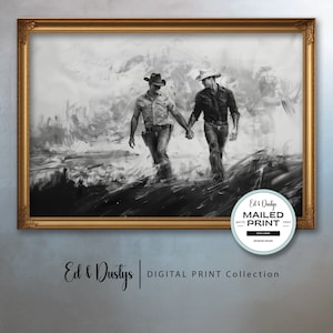 Gay Cowboy Love, Abstract LGBTQ Art, Lgbtq Portrait Sketch, Pride Charcoal, Male Figure Sketch, Home Decor, Pride Month Art, Gay Art Print
