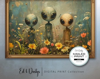 Vintage UFO Ölgemälde, Blumen, Country Alien Art, Science Fiction, Aliens Kunst, Sci-Fi Art, Home Decor, Space Wandkunst, Nerd Art, Sci-Fi