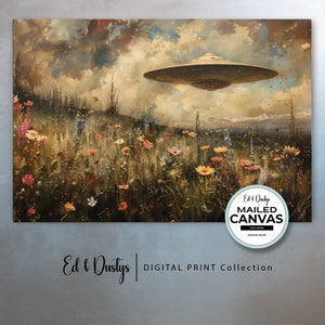 Vintage UFO Oil Painting, Flowers, Canvas Print, Country Alien Art, Science Fiction, Space Ship, Wall Art, Home Decor, Flying Saucer Art